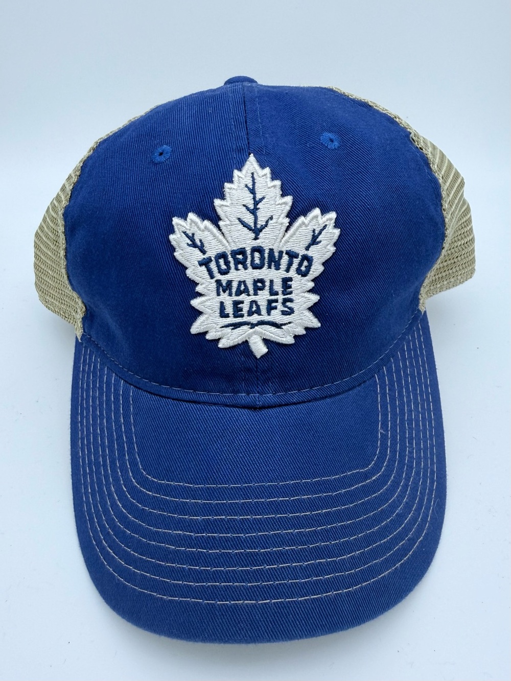 Toronto Maple Leafs NHL Trucker Hat Blue Beige Mesh Snapback Adjustable Cap